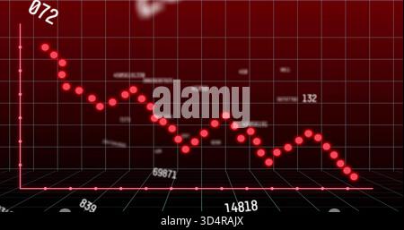 Displaying red declining line chart on 3D grid, showing glowing points, connecting line, axes Stock Photo
