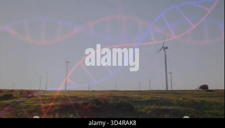 Showing single tall wind turbine rotating on grassy plain in afternoon with DNA helix, copy space Stock Photo