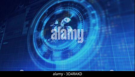 Rotating hologram particle core hovering over blue grid plane, showing concentric rings and ticks Stock Photo