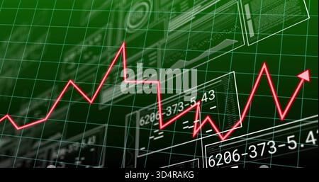 Running neon-red jagged graph cutting across trading UI, showing green 3D grid and numeric overlays Stock Photo