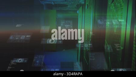 Glowing server racks displaying holographic panels in data center corridor with grated floor Stock Photo