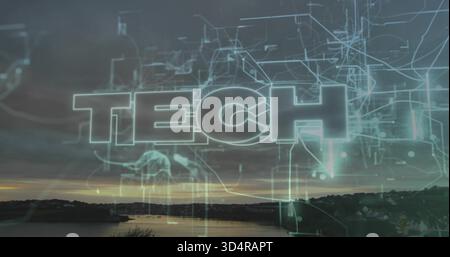 Projecting translucent neon-outline TECH wordmark with holographic circuits across river at dusk Stock Photo