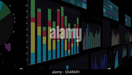Displaying large stacked bar chart panel on analytics wall, showing partial pie and smaller charts Stock Photo