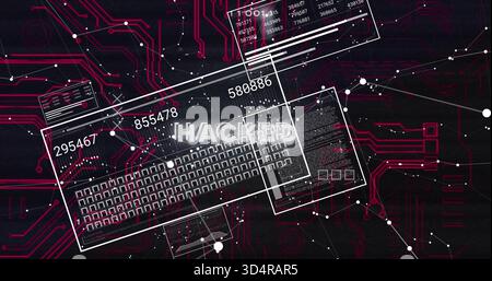 Showing central command overlay in circuit cyberspace, displaying HACKED label, keyboard grid, IDs Stock Photo