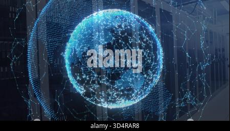 Floating holographic globe projecting blue node mesh in data center aisle, with server racks Stock Photo