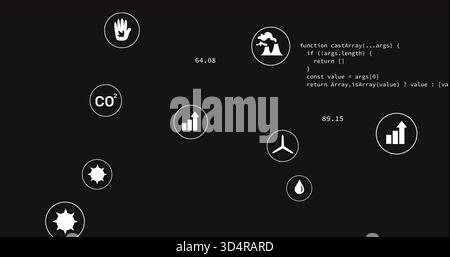Displaying circular icons showing CO?, factory, wind turbine on black field, with code and numbers Stock Photo