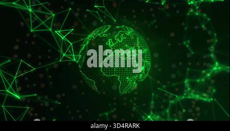 Rotating glowing wireframe globe showing dotted continent mesh in virtual space, with green nodes Stock Photo
