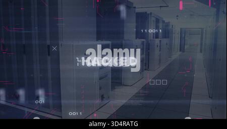 Displaying foreground server cabinet centering in cold-aisle data center, with HACKED HUD overlay Stock Photo
