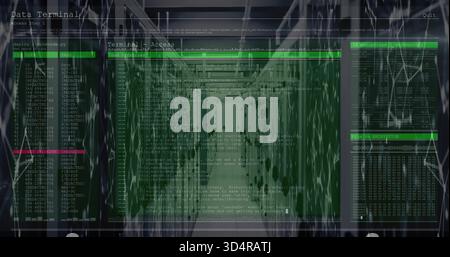 Displaying translucent green terminal overlay showing scrolling code and hex dumps in server aisle Stock Photo