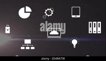 Displaying centered laptop with cloud icon glowing on dark starfield, lens flare, pie chart, gears Stock Photo