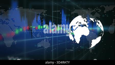 Showing white stylized globe rotating at right in market HUD, with dotted map, candles, copy space Stock Photo