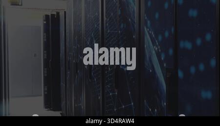 Displaying tall server cabinets glowing with blue globe graphics in data center aisle, LED lights Stock Photo