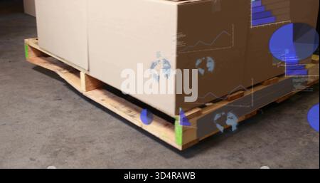 Showing large stack of cardboard boxes on wooden pallet at warehouse with green tape, blue charts Stock Photo