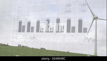Overlaying transparent bar chart across cloudy sky above rural pasture, showing wind turbine tower Stock Photo