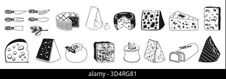Cheese hand drawn black and white glyph set illustration. Different types of cheese contour Brie, Camembert, Swiss cheese with holes, Parmesan. Vector doodle line design for food or dairy projects Stock Vector