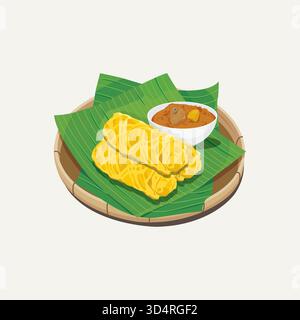 Vector illustration of Malaysia famous food, Roti Jala or Roti Kirai served with chicken curry on banana leaves and bamboo plate Stock Vector