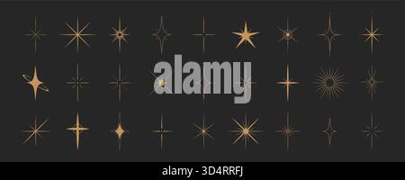 Stars shape set. Twinkle star symbols. Flat Vector illustration isolated on black background Stock Vector