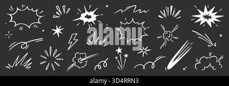Cartoon speed effect comic line element set. Hand drawn doodle sketch boom burst, bomb smoke, explosion cloud cartoon elements. Comic speed effect, power flash, explosive shapes. Vector illustration Stock Vector
