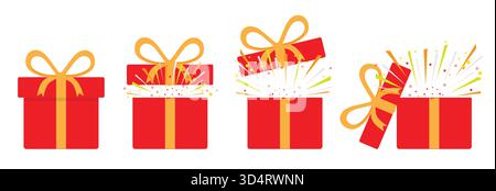Set of festive gift box, red box wrap and yellow ribbon, closed and open with bright confetti Stock Vector