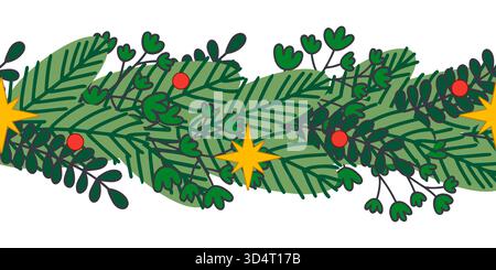 A dense seamless vector border pattern featuring intertwining pine branches, green foliage, red berries, and yellow stars. This lush garland is perfec Stock Vector