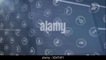 Displaying computer monitor showing source code at tech desk, with faint circular icons overlaying Stock Photo