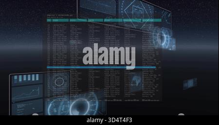Displaying central translucent terminal panel floating in virtual starfield vista, with teal bars Stock Photo