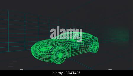 Rendering neon-green wireframe sedan model rotating in 3D viewport, with floor grid, guide lines Stock Photo