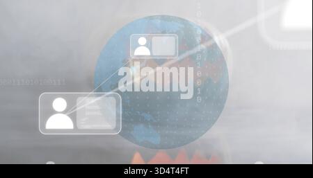 Displaying semi-transparent globe in dashboard, linking two translucent panels with glowing lines Stock Photo