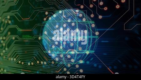 Pulsing translucent globe showing grid and circuit traces in virtual interface, with glowing nodes Stock Photo