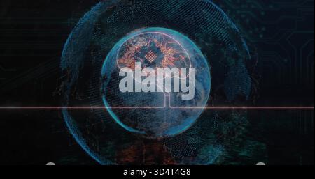 Displaying Earth globe showing brain-shaped circuitry overlay in virtual field, with red scan line Stock Photo