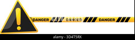 Triangular warning sign with exclamation mark and yellow border tape with word danger. Attention zone. Prohibited cordon. Isolation barrier. Stop ribb Stock Vector