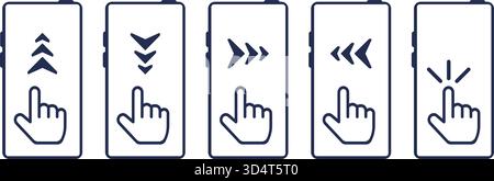 Touchscreen icons with hand pressing and scrolling screen in different directions. Menu control gesture. Mobile phone. Finger touch motion. Smartphone Stock Vector