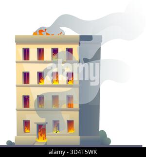 Severe fire in apartment building. Flames and fume smoke clouds in windows of skyscraper. Emergency departure. Dangerous burning house. Property insur Stock Vector