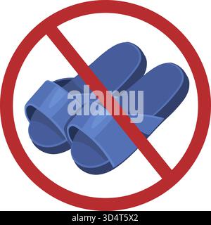 Sign prohibiting wearing of flip flops. Slippers summer shoes in red crossed out circle. Comfortable shoes. Restricted beach footwear. Stop icon. Disa Stock Vector