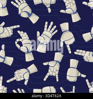 Robotic arms or prostheses with different gestures. Bionic hands seamless pattern. Artificial intelligence technology. Automatic electronic palms. Rep Stock Vector