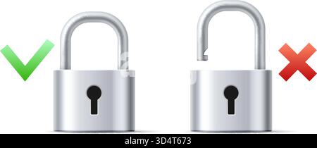 Realistic metal padlocks with correct and incorrect symbols. Right or wrong safe key. 3D interlock mechanisms. Protective encryption. Blocked or opene Stock Vector