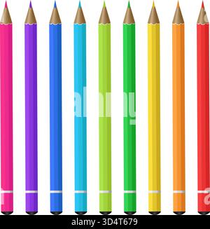Realistic colored pencils for drawing or creativity. Sharp tips. Painter instrument row. School tool. Stationery for creative writing. Sharpened pens. Stock Vector