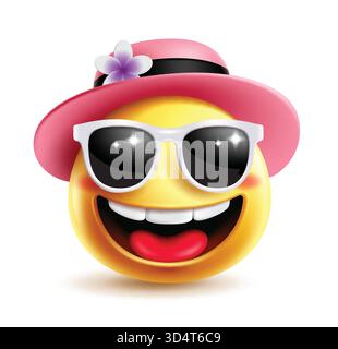 Emoji summer character clipart design. Summer emoji clip art wearing stylish summer hat, sunglasses and flower with smiling, cool, happy and excited Stock Vector