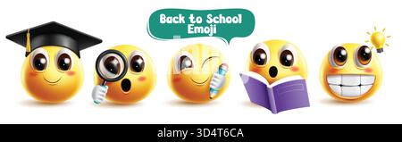 Emojis back to school characters clipart set. Back to School emoji 3d character clip art wearing mortarboard, magnifying glass and book with winking Stock Vector