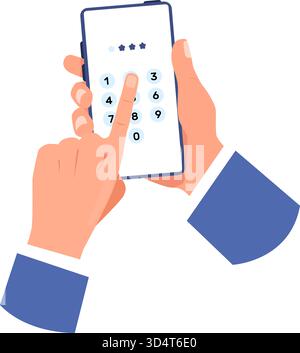 Hand holds smartphone and enters PIN code to unlock it open app. Phone touchscreen. Press finger at device screen. Digital access key. Username input. Stock Vector