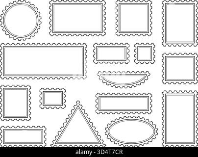 Blank postage stamps set. Stickers of various shapes with torn edges. Black frame outline. Stamp template for letter or parcel, vector graphics Stock Vector