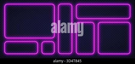 Bright pink neon frames with rounded corners on a transparent background. Futuristic glowing layout ideal for interfaces, web design, or digital Stock Vector