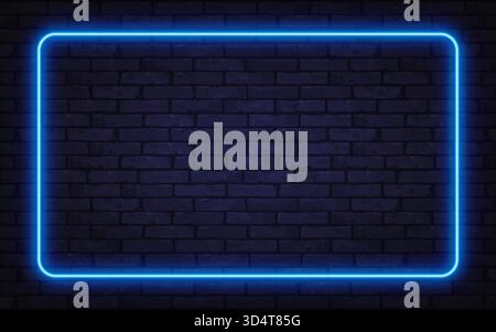 Glowing blue neon frame on a dark brick wall creates a modern futuristic atmosphere. Perfect for digital ads, posters, or stylish presentations. Stock Vector