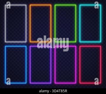 Set of glowing neon frames in various colors on a transparent background. Vibrant futuristic design ideal for posters, banners, or digital art layouts Stock Vector