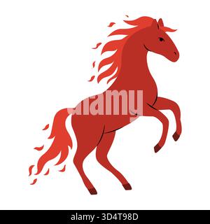A lively red horse rears up with its front legs raised, displaying a flowing mane. The bright background emphasizes its motion and vivid color, captur Stock Vector
