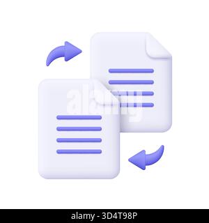 Two white documents with purple rounded arrows. File transfer, data exchange, sharing, synchronization, backup and document transfer concept. 3d vecto Stock Vector