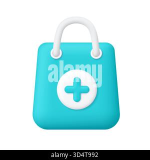Turquoise shopping bag with turquoise medical cross on white circle button. Pharmacy shopping, online store, healthcare app and medicine concept. 3d v Stock Vector