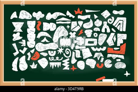 Chalk School Board with Curvature Crayon Freeform set. Abstract White Hand Drawn Shapes, Curls, Geometric Forms, Ink Spot and doodle objects. Isolated Stock Vector
