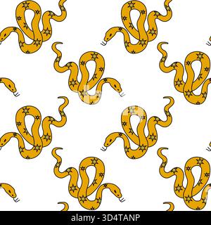 Brightly colored snakes in yellow with black stars are arranged in a playful pattern on a clean white background. Ideal for crafting or design inspira Stock Vector