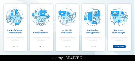 Causes of voluntary employee turnover blue onboarding mobile app screen Stock Vector